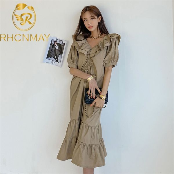 elegant korean solid casual women dress ruffled collar puff sleeve ruched mermaid midi dresses loose fashion summer 210506, Black;gray
elegant korean solid casual women dress ruffled collar puff sleeve ruched mermaid midi dresses loose fashion summer 210506, Black;gray