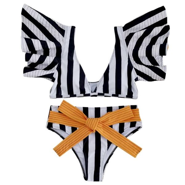 one-piece suits g6de women 2pcs bikini set ruffled v-neck striped belted high waist swimsuit
one-piece suits g6de women 2pcs bikini set ruffled v-neck striped belted high waist swimsuit