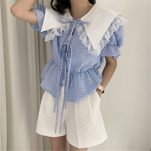 blouses lace stitching lapel plaid shirt summer korean style elegant blouses women sleeve loose blusas, White
blouses lace stitching lapel plaid shirt summer korean style elegant blouses women sleeve loose blusas, White