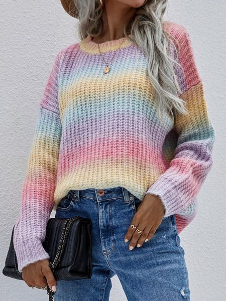 women's sweaters women spring autumn sweet rainbow color knitted long sleeve o-neck pullover cardigan loose outerwear, White;black 
women's sweaters women spring autumn sweet rainbow color knitted long sleeve o-neck pullover cardigan loose outerwear, White;black