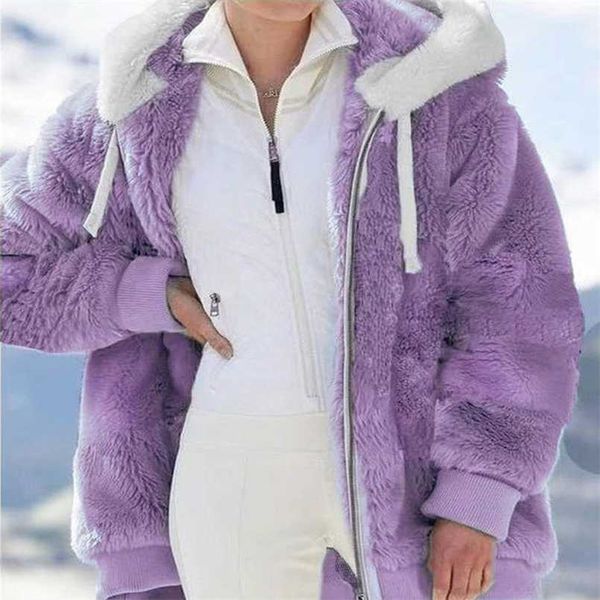 for women's winter hooded jacket fashion cardigan zipper casual loose solid color plush long sleeve warm fur cotton clothes 211007, Black
for women's winter hooded jacket fashion cardigan zipper casual loose solid color plush long sleeve warm fur cotton clothes 211007, Black