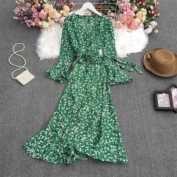 spring fashion all-match v-neck flared sleeve dress lace up waist slim irregular ruffles dress 210715, Black;gray