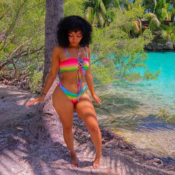 women's swimwear front lace up bikini set swimsuit rainbow stripes have pad bikinis female swimming suit for women 4dev, White;black
women's swimwear front lace up bikini set swimsuit rainbow stripes have pad bikinis female swimming suit for women 4dev, White;black