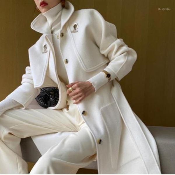 women's wool & blends autumn winter vintage white double faced cashmere coat women single breasted straight loose ol long overcoat, Black
women's wool & blends autumn winter vintage white double faced cashmere coat women single breasted straight loose ol long overcoat, Black