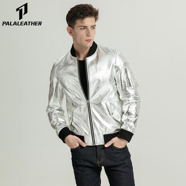 men's leather & faux classic silver embroidered vegetable tanned baseball jacket, Black
men's leather & faux classic silver embroidered vegetable tanned baseball jacket, Black