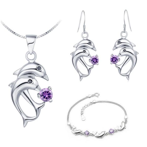 earrings & necklace characteristic fancy women white gold necklace/bracelet/earrings double dolphin inlay purple zircon jewelry sets t159, Silver
earrings & necklace characteristic fancy women white gold necklace/bracelet/earrings double dolphin inlay purple zircon jewelry sets t159, Silver