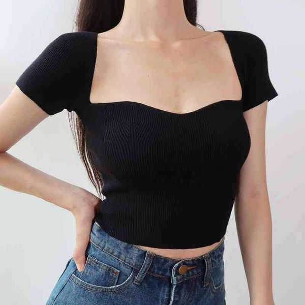 women's t-shirt slim square collar short knitted crop women vintage high waist elastic sleeve solid color summer t-shirt, White
women's t-shirt slim square collar short knitted crop women vintage high waist elastic sleeve solid color summer t-shirt, White