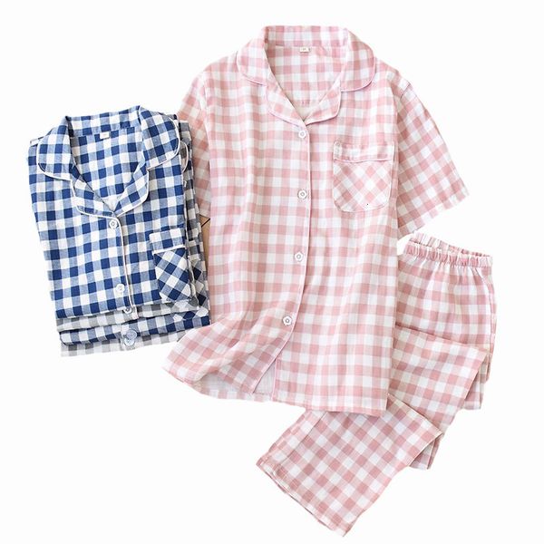 women's sleepwear men's and pajamas set spring new gauze cotton plaid lover's simple style short sleeve+pant 2piece homewear, Black;red
women's sleepwear men's and pajamas set spring new gauze cotton plaid lover's simple style short sleeve+pant 2piece homewear, Black;red