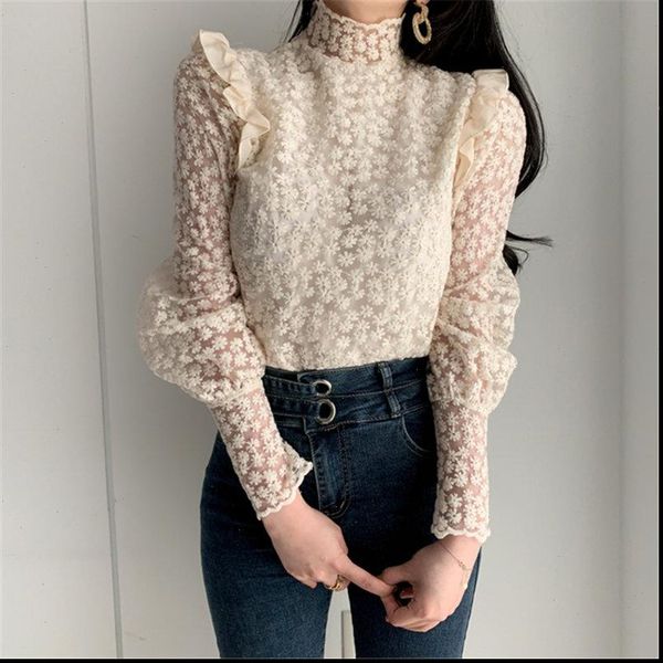 women blouses apricot lace delicate turtleneck floral chic basic all match elegant casual office lady loose shirts, White
women blouses apricot lace delicate turtleneck floral chic basic all match elegant casual office lady loose shirts, White