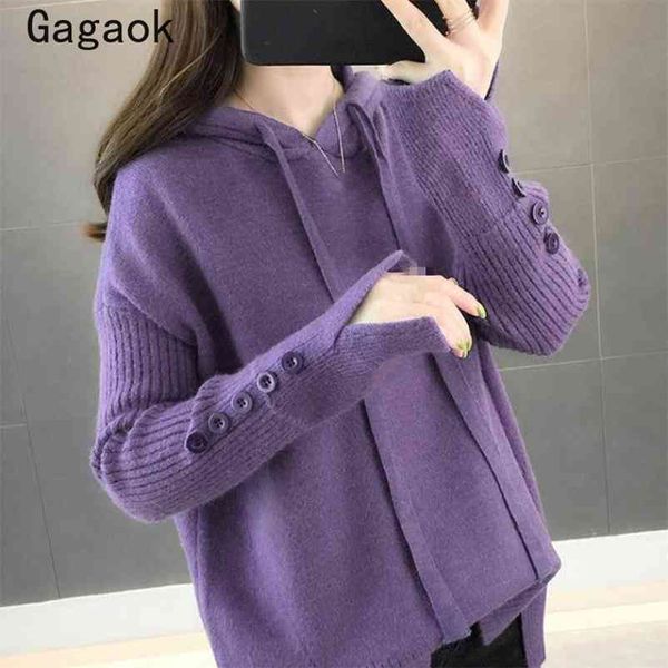 women fashion streetwear knitted sweater spring autumn solid button hooded loose simple wild pullover 210531, White;black
women fashion streetwear knitted sweater spring autumn solid button hooded loose simple wild pullover 210531, White;black