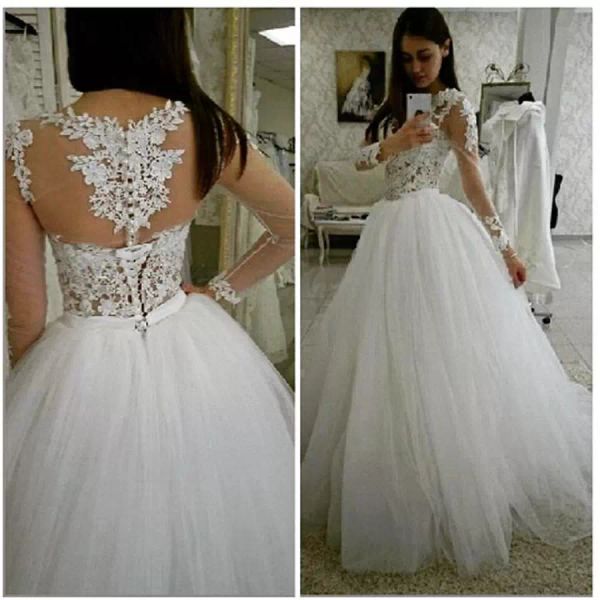 gorgeous lace applique wedding dresses bridal gown long sleeves tulle sweep train custom made plus size vestidos de novia corset covered but, White
gorgeous lace applique wedding dresses bridal gown long sleeves tulle sweep train custom made plus size vestidos de novia corset covered but, White