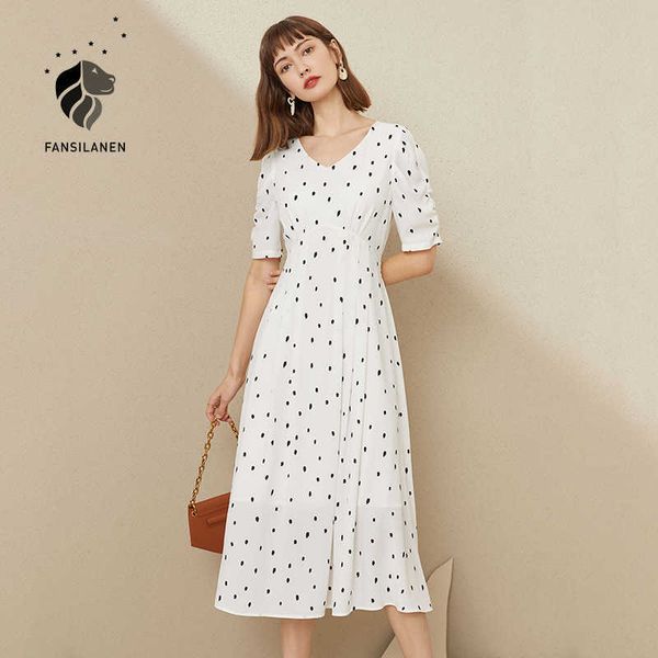 fansilanen vintage polka dot white long dress women puff sleeve pleated summer boho v neck bandage slim beach maxi 210607, Black;gray 
fansilanen vintage polka dot white long dress women puff sleeve pleated summer boho v neck bandage slim beach maxi 210607, Black;gray