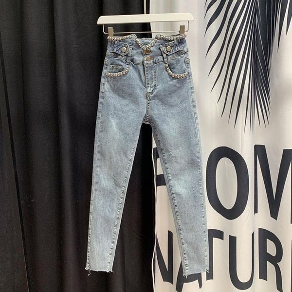 women's jeans high waist beaded harem cropped slim-fit denim pencil pants spodnie damskie 2021 spring summer, Blue
women's jeans high waist beaded harem cropped slim-fit denim pencil pants spodnie damskie 2021 spring summer, Blue