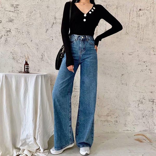 spring and autumn retro style high waist solid color wide leg jeans women street slim straight ladies women's, Blue
spring and autumn retro style high waist solid color wide leg jeans women street slim straight ladies women's, Blue