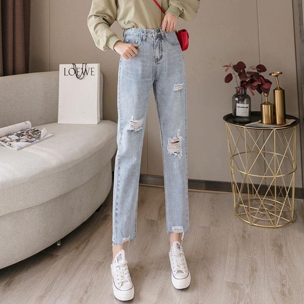 summer thin hole high waist jeans women's loose straight pants students' tide, Blue