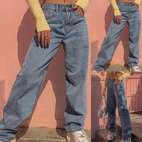 women's jeans women solid color loose casual wide leg straight denim pants daily wear, Blue
