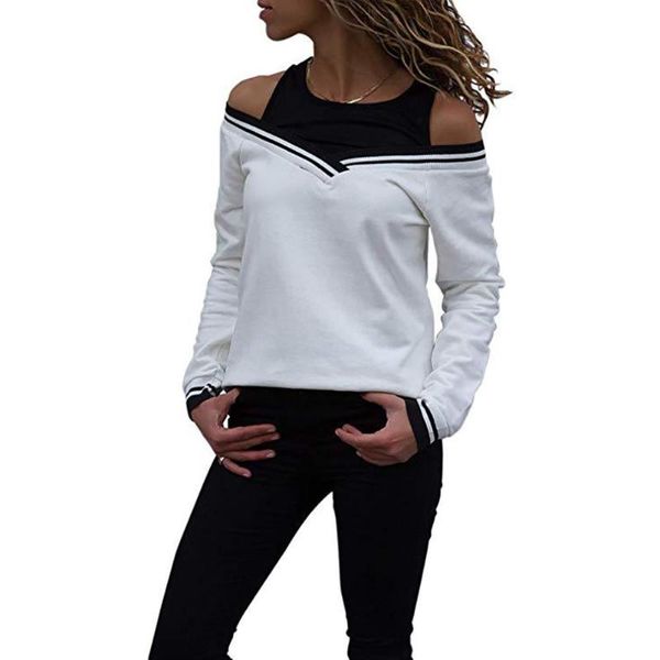 women's t-shirt women cold shoulder striped fake two piece long sleeve loose pullover top, White
women's t-shirt women cold shoulder striped fake two piece long sleeve loose pullover top, White