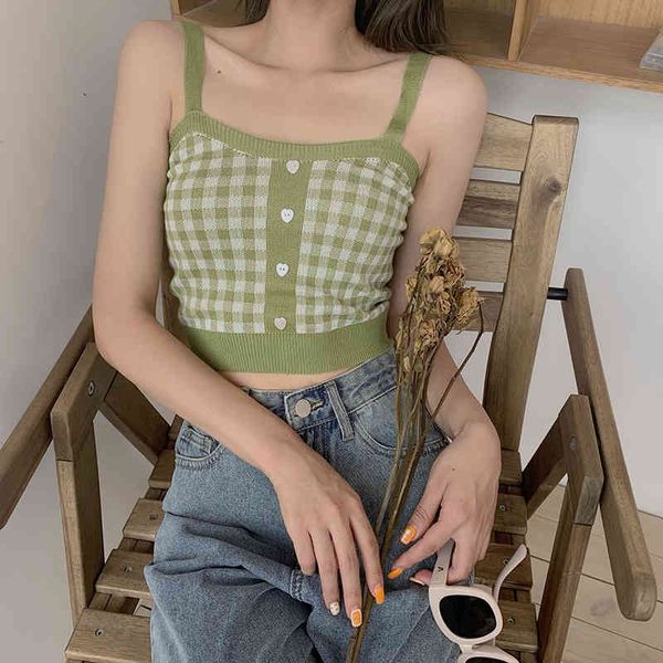 women's bottoming crop retro sweet plaid pattern knit camisole cotton slim 210522, White
women's bottoming crop retro sweet plaid pattern knit camisole cotton slim 210522, White