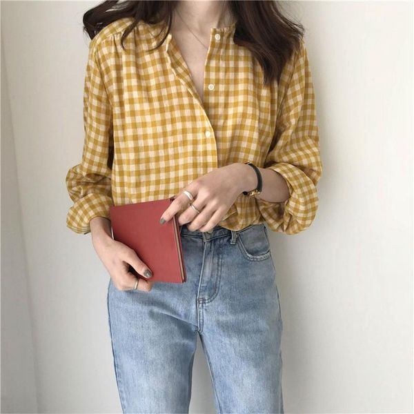 women's blouses & shirts korean style women sweet blouse temperament round neck yellow plaid loose wild casual long-sleeved 2021, White
women's blouses & shirts korean style women sweet blouse temperament round neck yellow plaid loose wild casual long-sleeved 2021, White