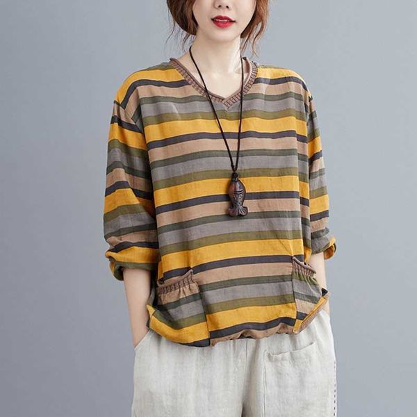 women cotton linen long sleeve t-shirts autumn simple style vintage v-neck striped female loose casual tees s1993 210621, White
women cotton linen long sleeve t-shirts autumn simple style vintage v-neck striped female loose casual tees s1993 210621, White