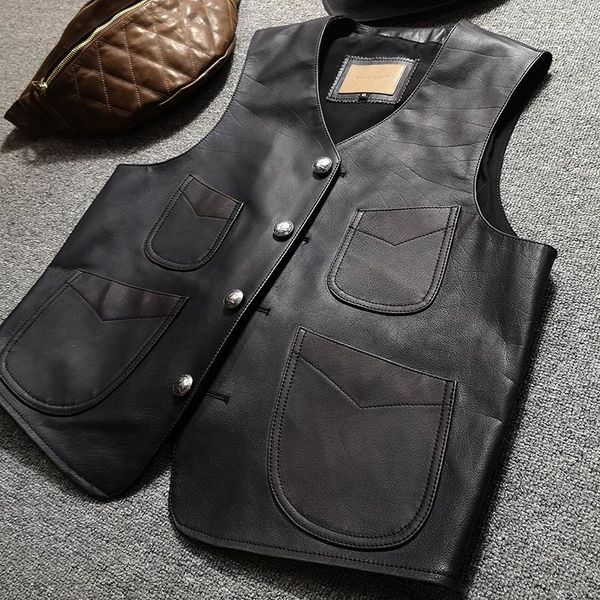 men's vests 2021 black retro style genuine leather vest men single breasted plus size 4xl real natural cowhide spring slim fit safari c, Black;white
men's vests 2021 black retro style genuine leather vest men single breasted plus size 4xl real natural cowhide spring slim fit safari c, Black;white