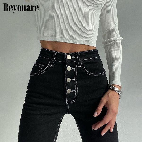 beyouare casual skinny high waist button panelled jeans 2021 autumn solid slim pencil pants fashion streetwear female trousers women's, Blue
