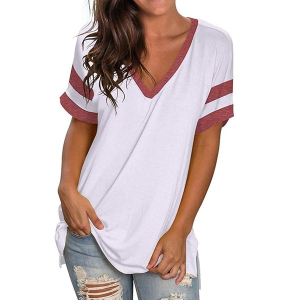 women's t-shirt donsignet fashion summer casual v-neck pullover solid color stripe stitching plus size short-sleeved, White
women's t-shirt donsignet fashion summer casual v-neck pullover solid color stripe stitching plus size short-sleeved, White