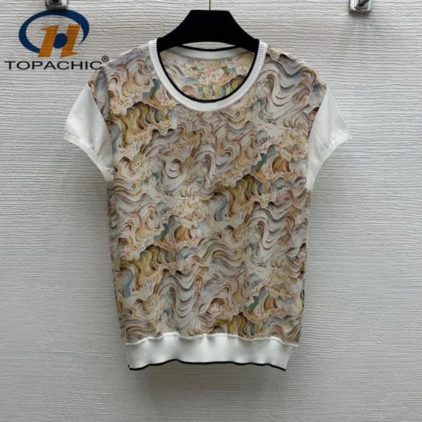 women's t-shirt 5.8 high end quality summer contrast color silk print spliced knit short sleeve o-neck women, White
women's t-shirt 5.8 high end quality summer contrast color silk print spliced knit short sleeve o-neck women, White