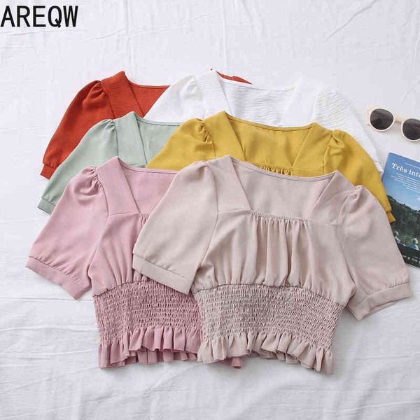summer french retro court square collar fold slim elastic waist short shirt blouse women 210507, White
summer french retro court square collar fold slim elastic waist short shirt blouse women 210507, White