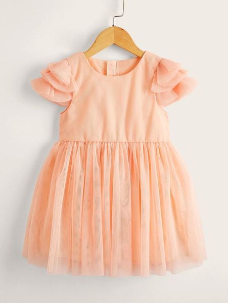toddler girls layered ruffle trim mesh dress she, Red;yellow