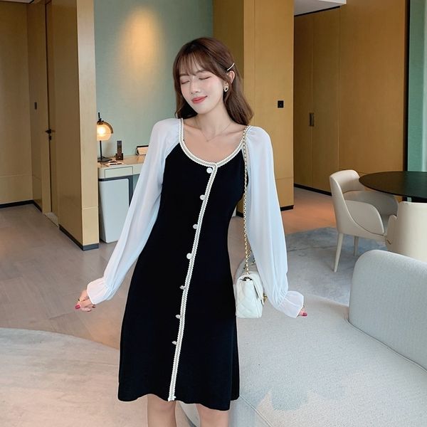 korean women's fashion mini chiffon dress long sleeve stitching knitted single breasted dresses, Black;gray
korean women's fashion mini chiffon dress long sleeve stitching knitted single breasted dresses, Black;gray