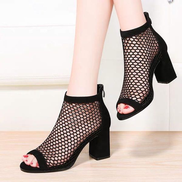 dress shoes high-heeled women sandals 2021 summer mesh hollow out rubber ladies, Black