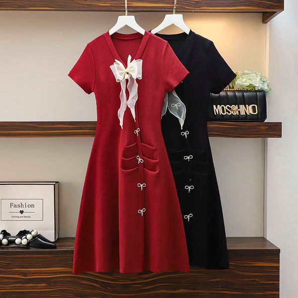 s-3xl plus size women summer thin kint dress short sleeve v neck fashion bow slim a line short office dresses vestido 210604, Black;gray
s-3xl plus size women summer thin kint dress short sleeve v neck fashion bow slim a line short office dresses vestido 210604, Black;gray