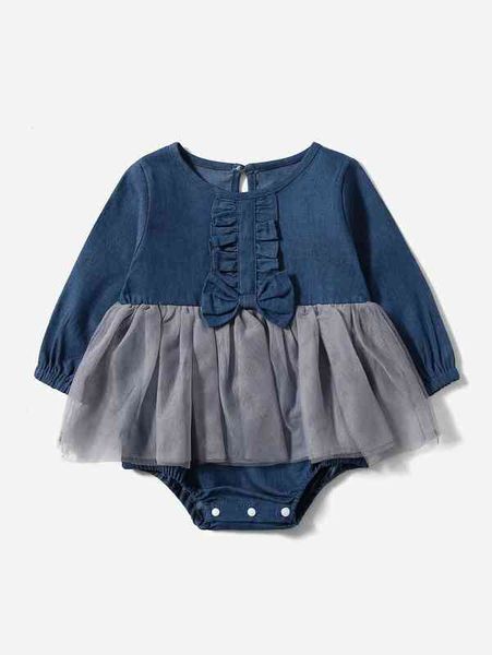 baby 1pc contrast mesh bow front denim bodysuit she, Blue