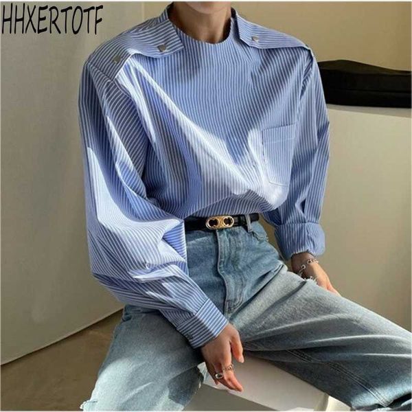 spring casual women stand collar long sleeve metal buttons stitching loose lantern sleeve casual striped shirt 210531, White
spring casual women stand collar long sleeve metal buttons stitching loose lantern sleeve casual striped shirt 210531, White