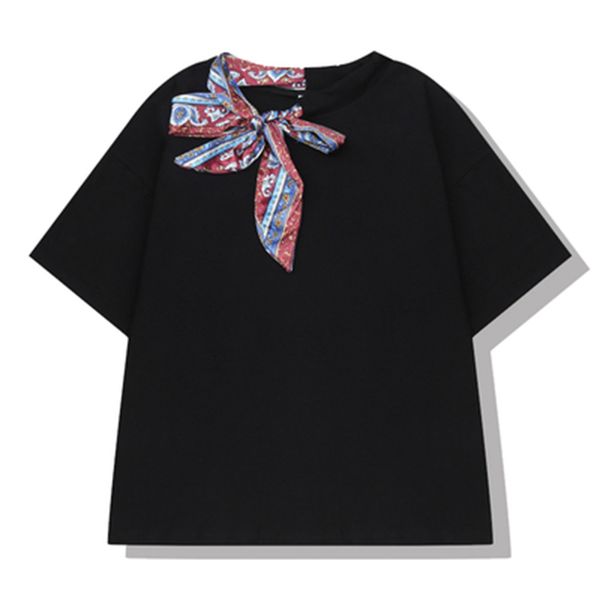 women black white short sleeve o neck lace-up bow solid loose casual t-shirt summer korean version b0523 210514
women black white short sleeve o neck lace-up bow solid loose casual t-shirt summer korean version b0523 210514