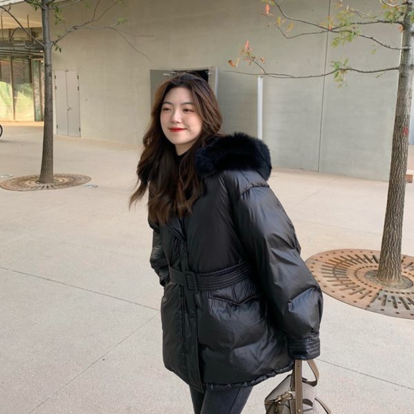 down jacket female hooded white eiderdown fox hair collar belt small loose warm, Black
down jacket female hooded white eiderdown fox hair collar belt small loose warm, Black