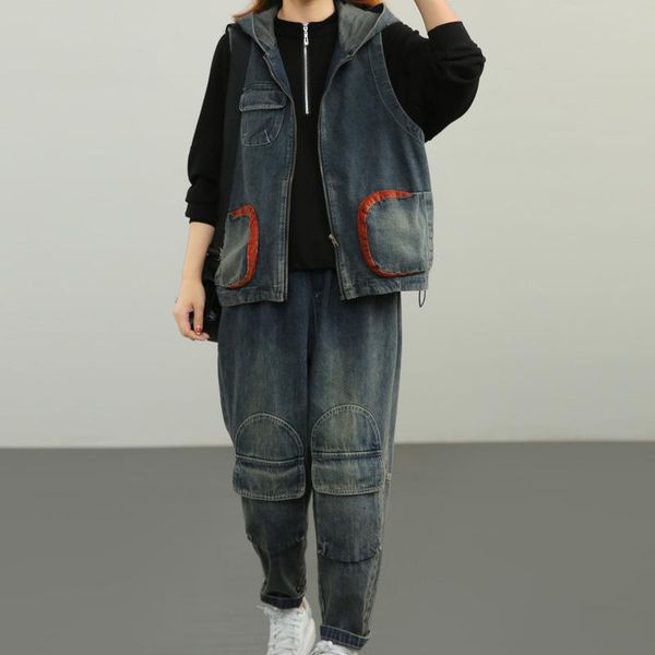 women's two piece pants hooded blue denim zipper vest coat and jeans female harajuku pieces suits women casual loose outfits spring aut, White
women's two piece pants hooded blue denim zipper vest coat and jeans female harajuku pieces suits women casual loose outfits spring aut, White
