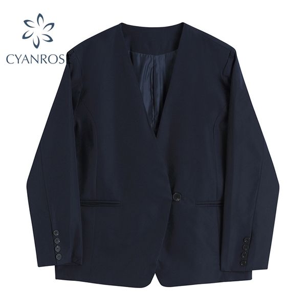 solid v neck blazer coat women single button vintage 2 color korean elegant loose jacket mujer spring cardigan outer 210430, White;black
solid v neck blazer coat women single button vintage 2 color korean elegant loose jacket mujer spring cardigan outer 210430, White;black