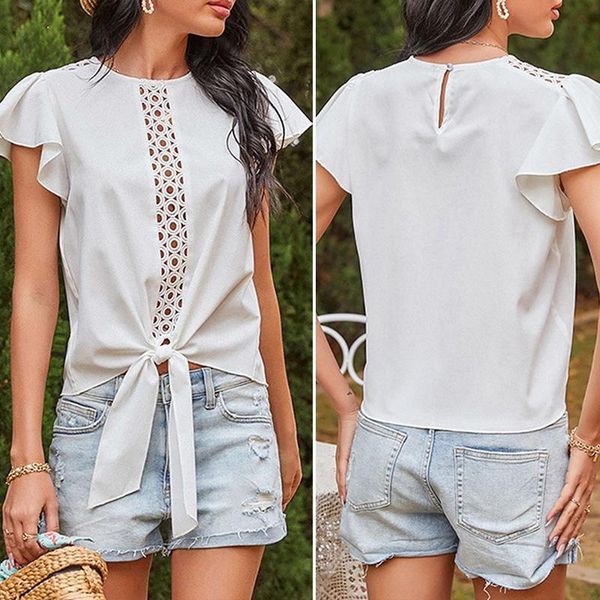 women's t-shirt cut flower bandage solid color slim round neck hollow ruffle sleeve fashion, White
women's t-shirt cut flower bandage solid color slim round neck hollow ruffle sleeve fashion, White