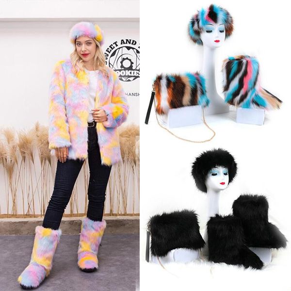 boots fur with headband and purse winter women fluffy snow faux ankle luxury furry plush, Black