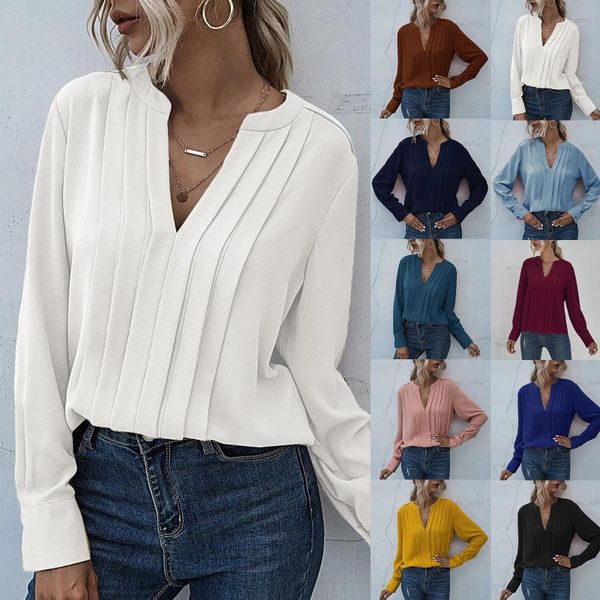 women's blouses & shirts fashion women solid color v neck chiffon pleated casual loose long sleeve female clothing blusas, White
women's blouses & shirts fashion women solid color v neck chiffon pleated casual loose long sleeve female clothing blusas, White
