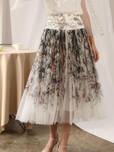 skirts mesh d printing women's summer high waist pleated skirt 2021 irregular fashion wild xl, Black