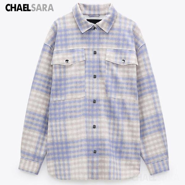 autumn blue plaid suede jacket coats women casual pockets loose outwear women's jackets, Black;brown