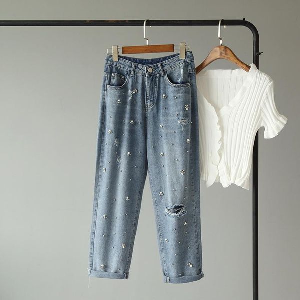 women's jeans dm001 beading light blue washed-out hole pants 
women's jeans dm001 beading light blue washed-out hole pants