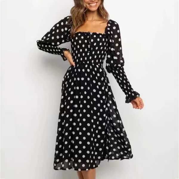 polka dot vintage black long dress puff sleeve maxi side slit ladies elegant dress autumn winter chic dress 210415, Black;gray 
polka dot vintage black long dress puff sleeve maxi side slit ladies elegant dress autumn winter chic dress 210415, Black;gray