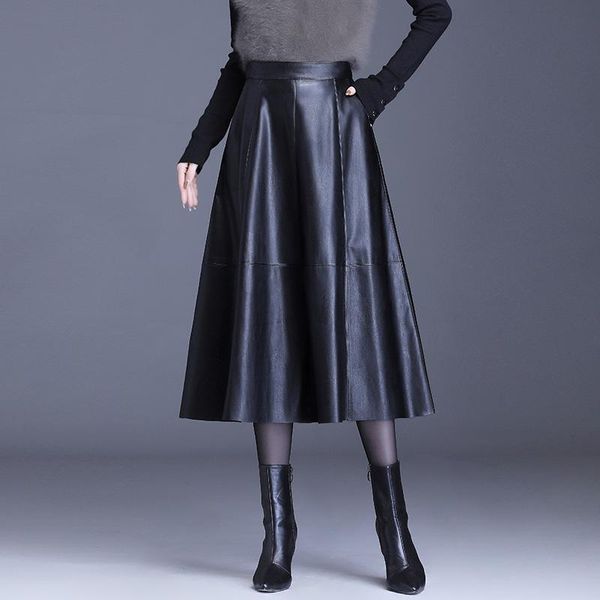 autumn women pu leather skirt elastic waist ladies large swing long girl winter faux female split black skirts
autumn women pu leather skirt elastic waist ladies large swing long girl winter faux female split black skirts