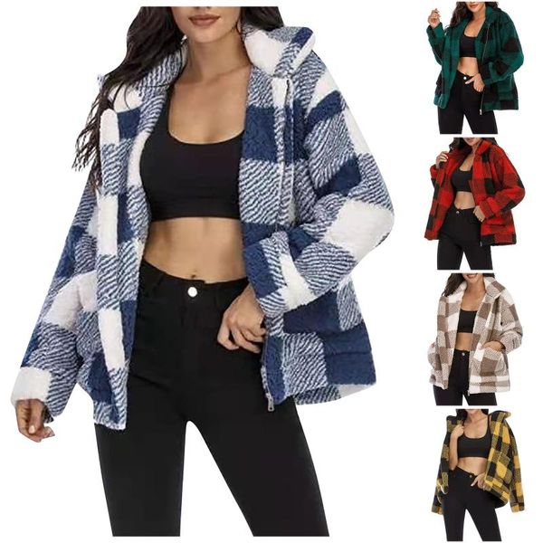 women's wool & blends winter thicken lambswool jacket ladies plush pocket stand-up collar coat fashion color matching plaid cardigan ov, Black
women's wool & blends winter thicken lambswool jacket ladies plush pocket stand-up collar coat fashion color matching plaid cardigan ov, Black
