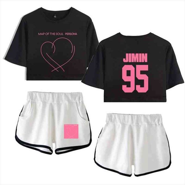 bangtan boys two piece set album map of the soul persona cotton t shirt woman suit shorts crop fashion, White