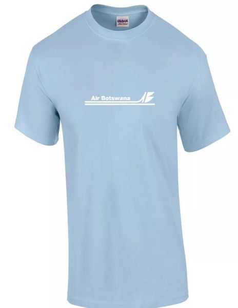 air botswana retro white logo gaborone airline light blue cotton t-shirt, White;black
air botswana retro white logo gaborone airline light blue cotton t-shirt, White;black